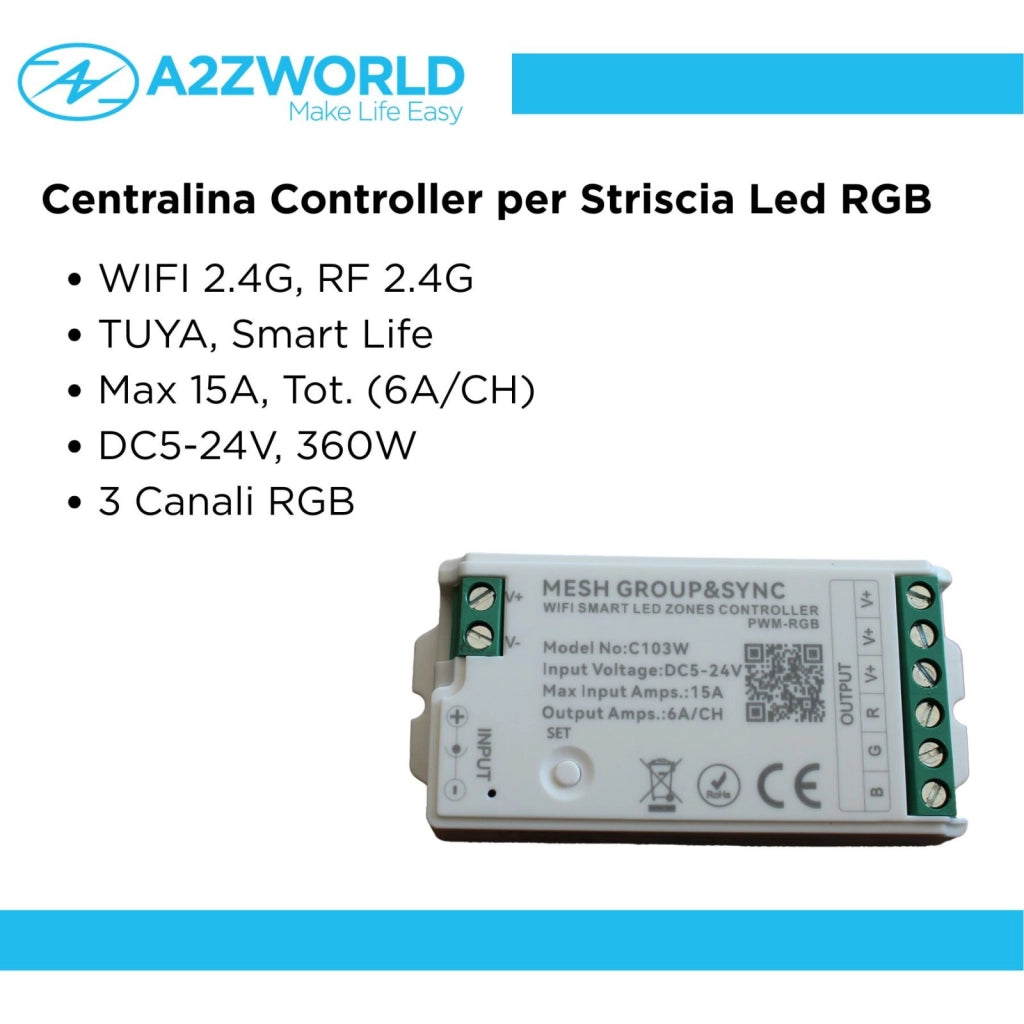Centralina Controller Per Striscia Led RGB WIFI 2.4G, RF 2.4G TUYA, Smart Life Max 15A Tot. (6A/CH) DC5-24V 360W 3 Canali RGB CLC103R Bianco