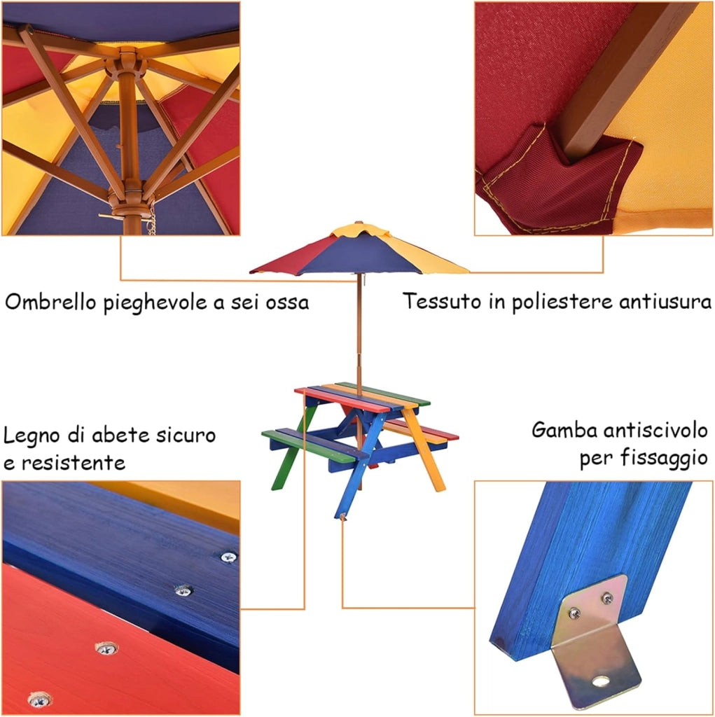 Set con Tavolo Picnic di Legno e Ombrellone per Bambini, Tavolo e Panchina con 4 Posti e Ombrellone Pieghevoli, Tavolo e Sedie Multiuso per Esterno Giardino Cortile (Modello 5)