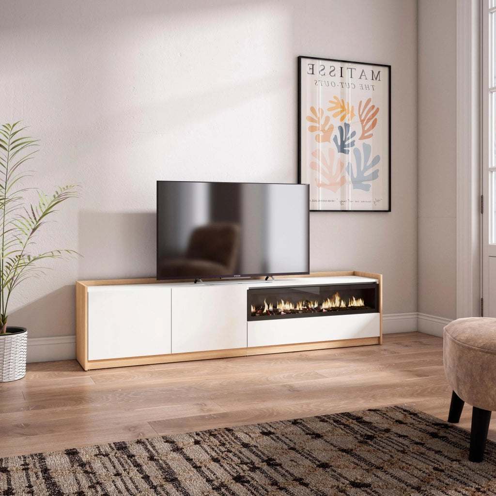 Mobile TV Soggiorno, 207x50x37 cm, Per TV fino a 80", Camino elettrico, Bianco e Rovere soft