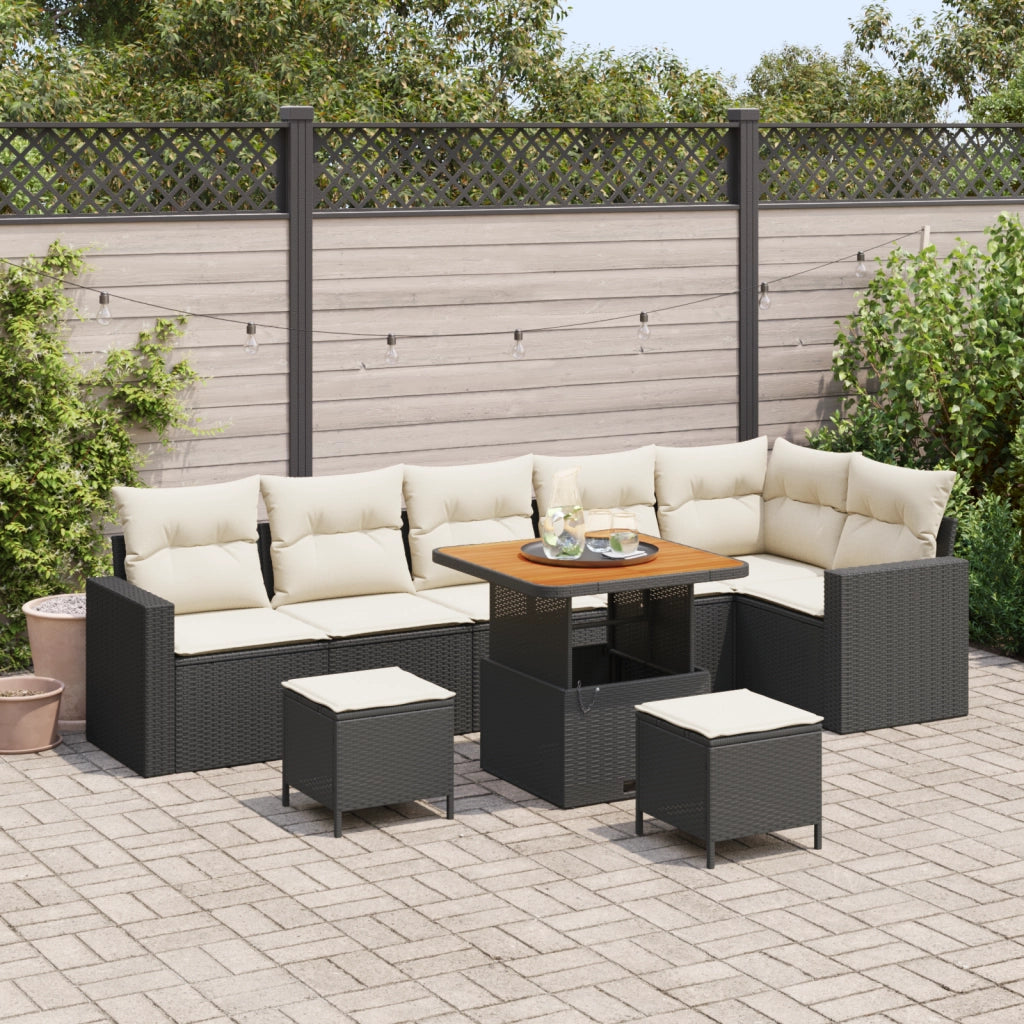 Set 9 Pezzi Divano Giardino con Cuscini Nero Polirattan Acacia