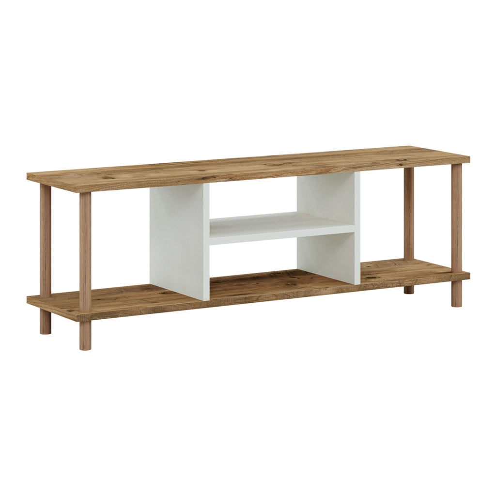 Mobile Basso Porta TV 'Ærøskøbing' con Scomparti Aperti e Gambe di Faggio - color Legno / Bianco [en.casa]