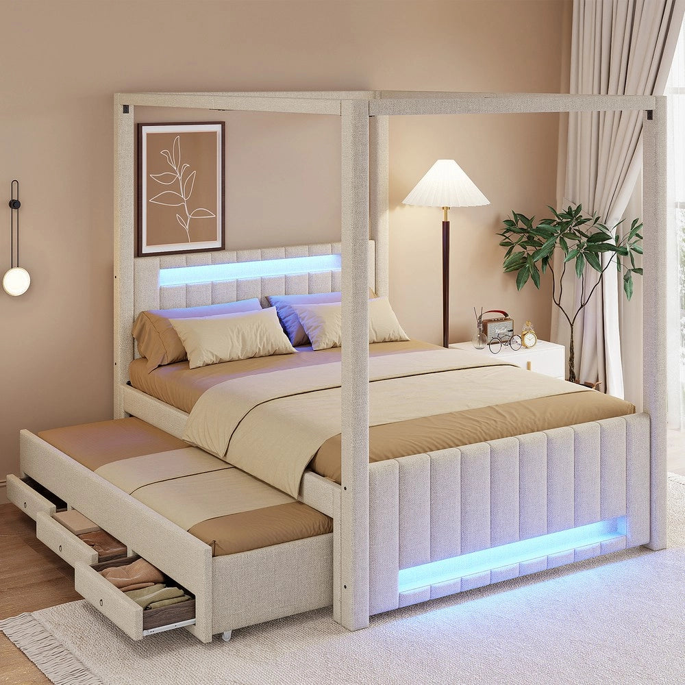 Letto Imbottito con Letto Estraibile, Cassetti e LED ¨C Xylo ¨C Beige 140x200 cm
