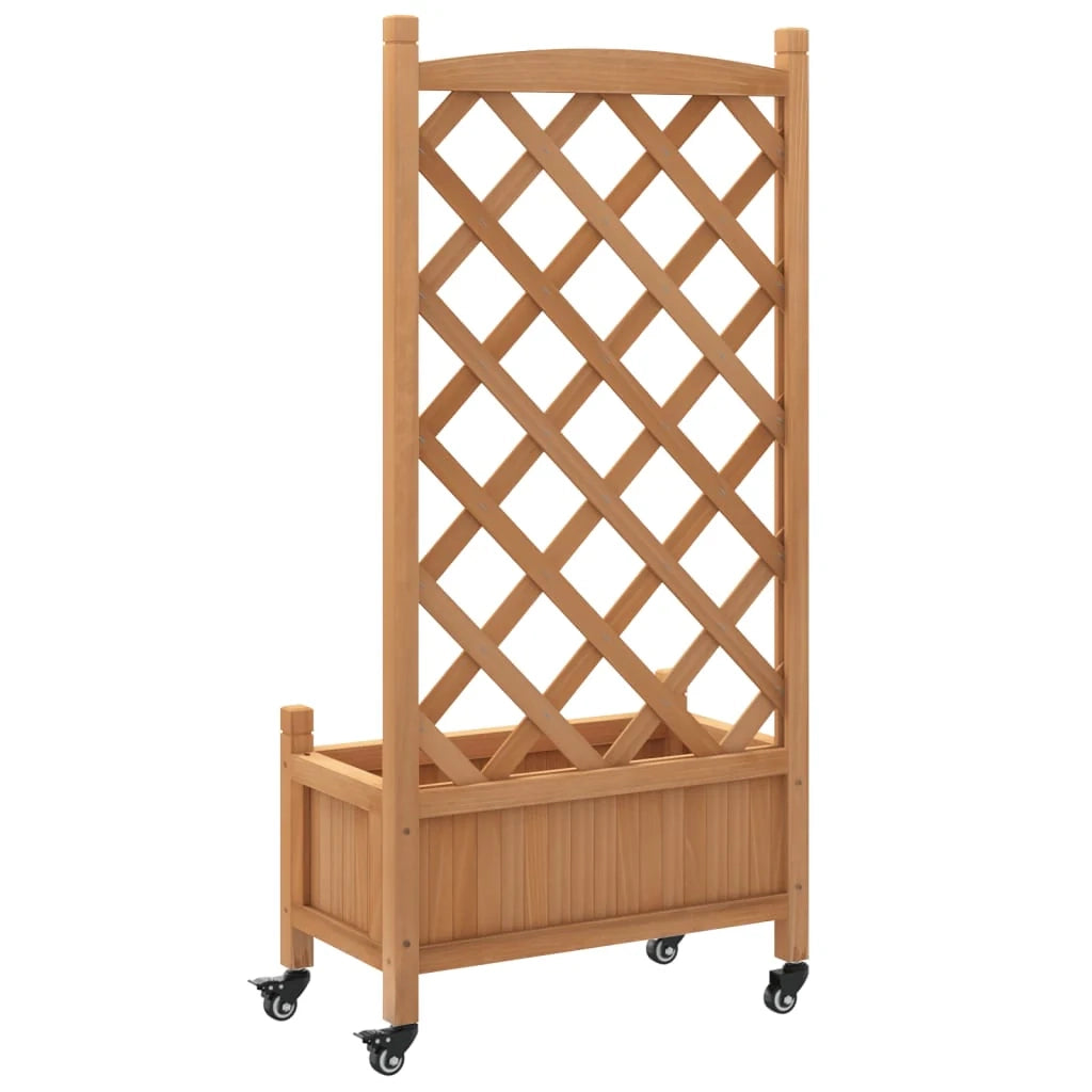 Portavaso per fioriera aiuola rialzata piante fiori terrazza giardino con traliccio e ruote in legno massello di abete marrone 02_0038372