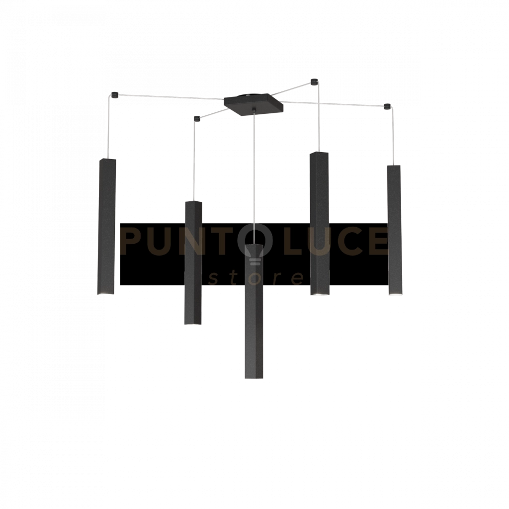 SQUARE TUBE SOSPENSIONE 5 LUCI NERO CAVO CM.250 CON BASE 1173-S5-NE