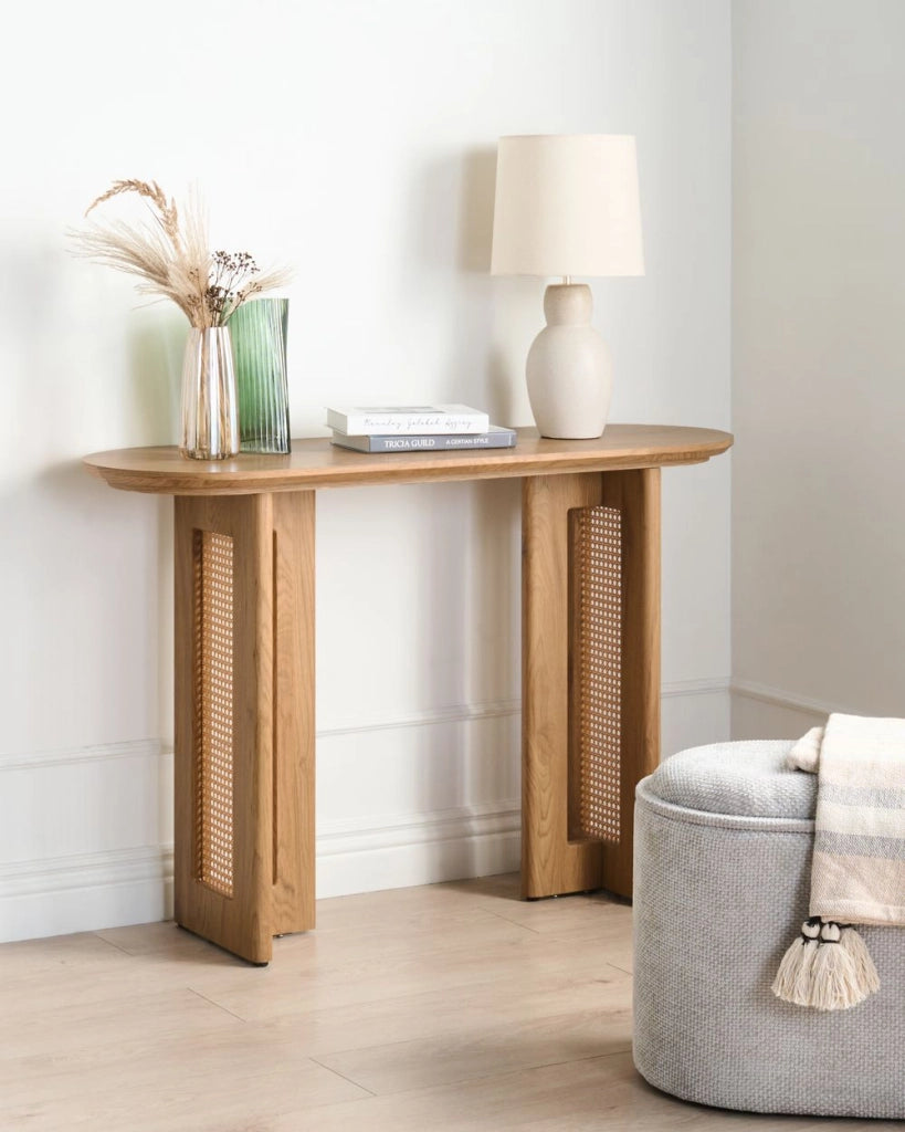 Tavolo console moderno in MDF con rattan 120 cm Mobili per corridoi Marrone chiaro