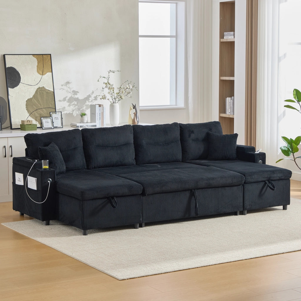 Divano a 4 posti con doppia chaise longue; contenitore; portabicchieri e USB Type-C; nero