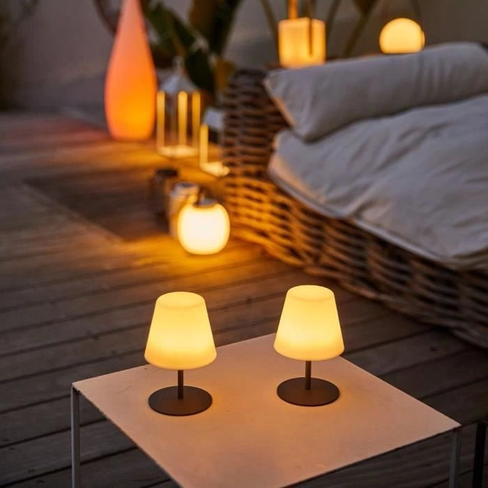 Confezione da 2 lampade da tavolo senza fili - LUMISKY - TWINS - H16 cm - Base in acciaio grigio - Bianco caldo e LED bianco