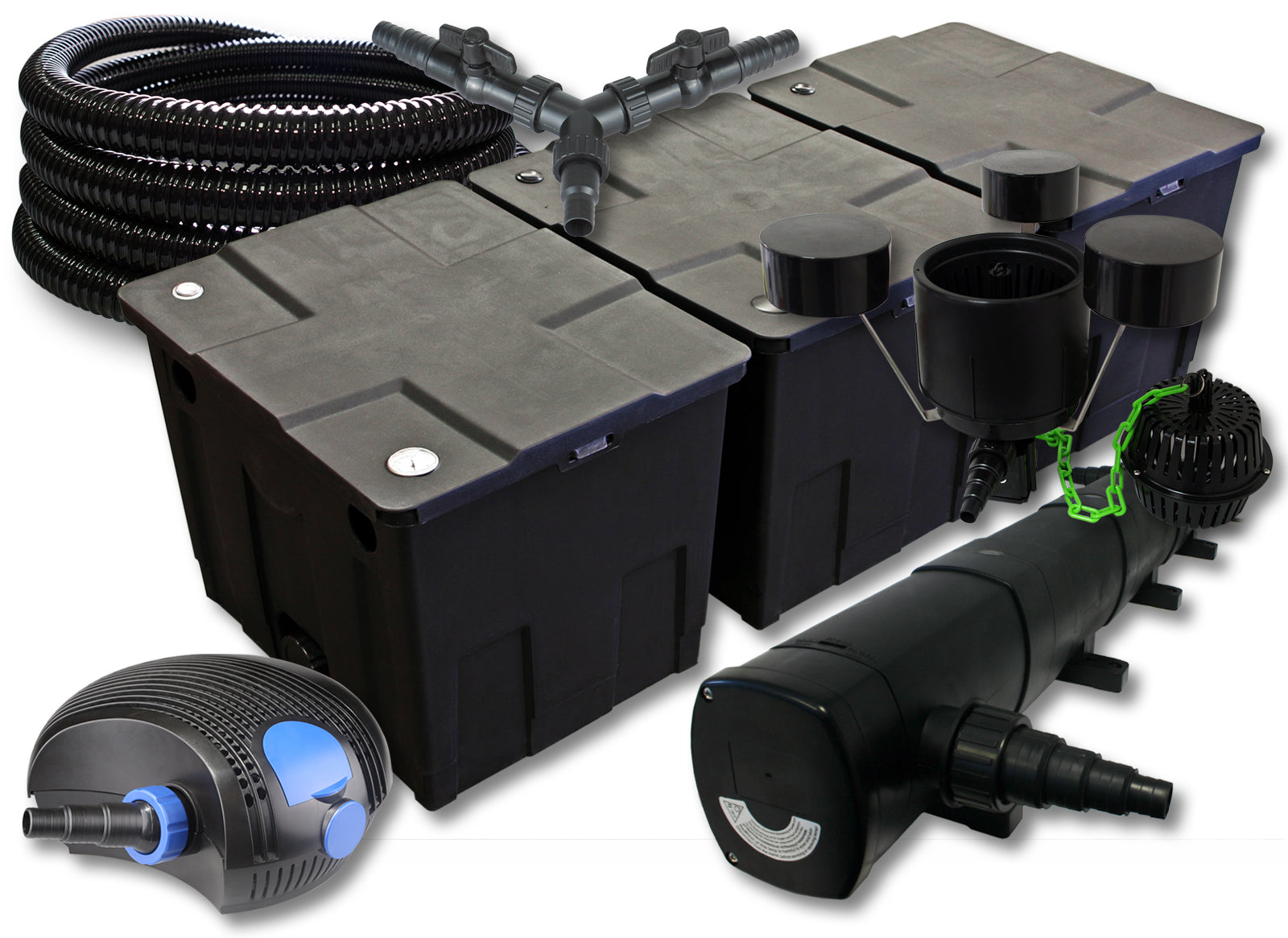 set per laghetti filtro 90000l Chiarificatore 72W Pompa ECO 100W Tubo 25m Skimmer