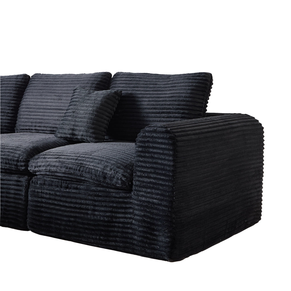 Divano modulare 3 posti con funzione letto e chaise longue in velluto a coste nero e blu 280×180×65 cm