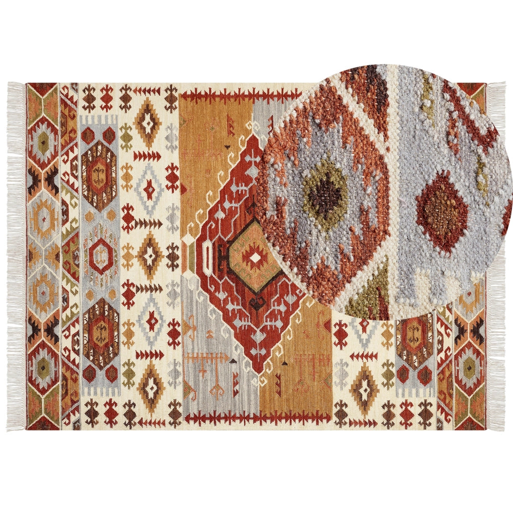 Tappeto Kilim multicolore in lana e cotone 160 x 230 cm Fatto a mano con motivo Boho e frange