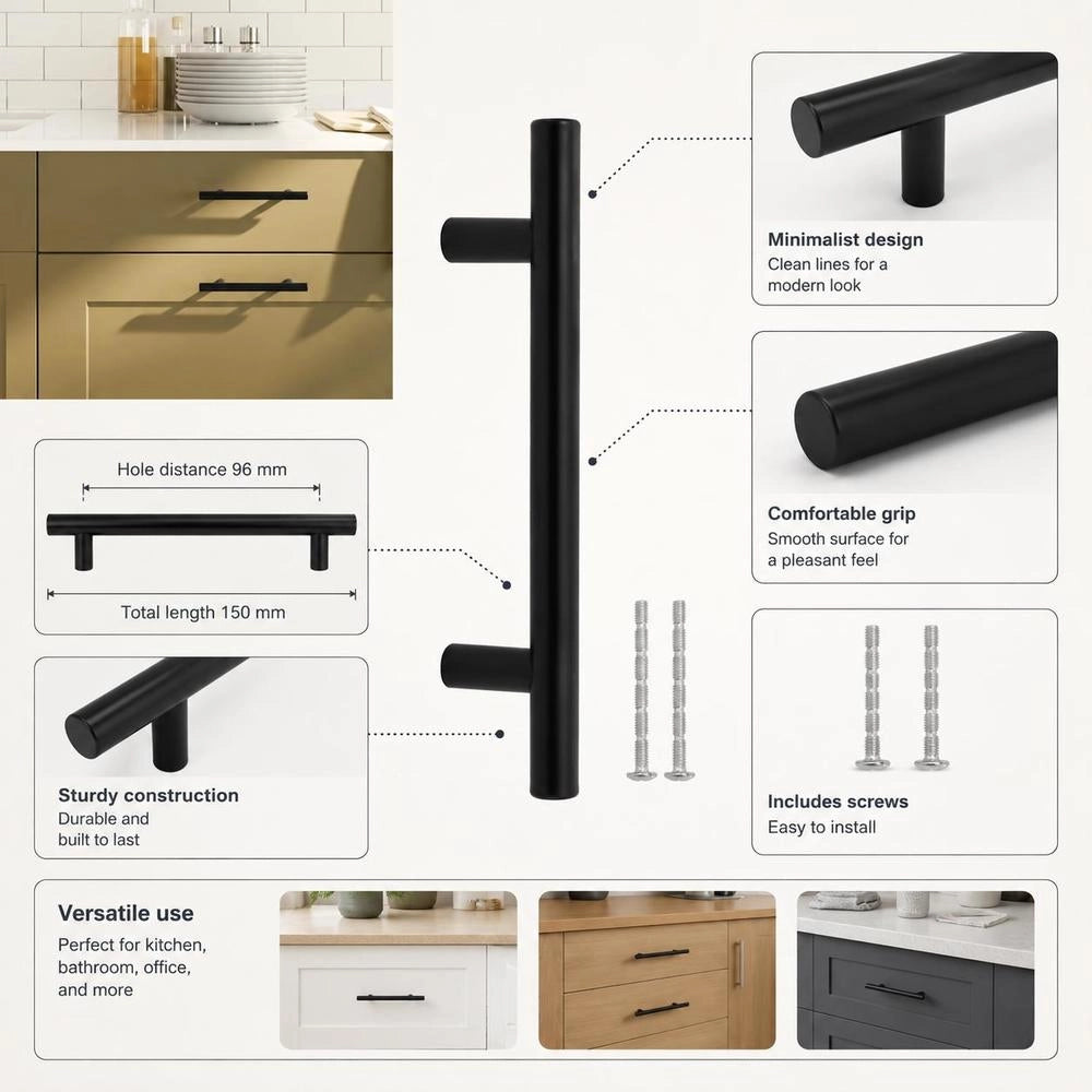 Furniture Handles, 10 Pieces, Black, 96 Mm, Stainless Steel