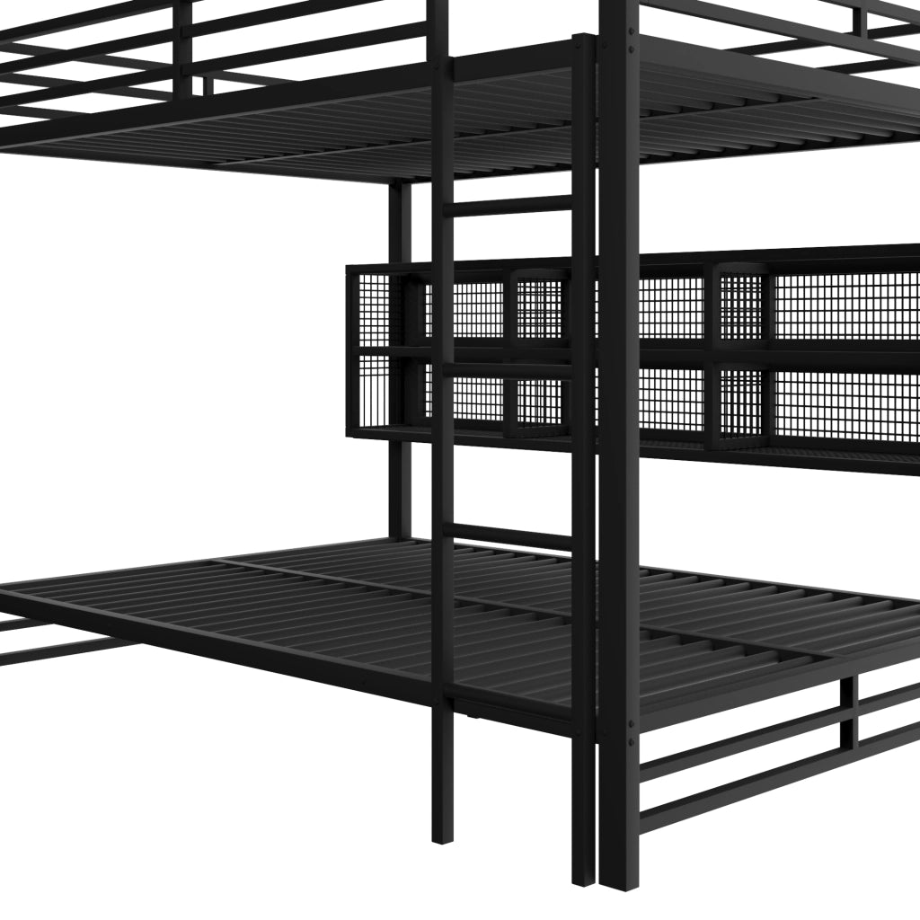Letto a castello 140 × 200 cm con 6 armadietti laterali e LED, senza materasso, in metallo, nero