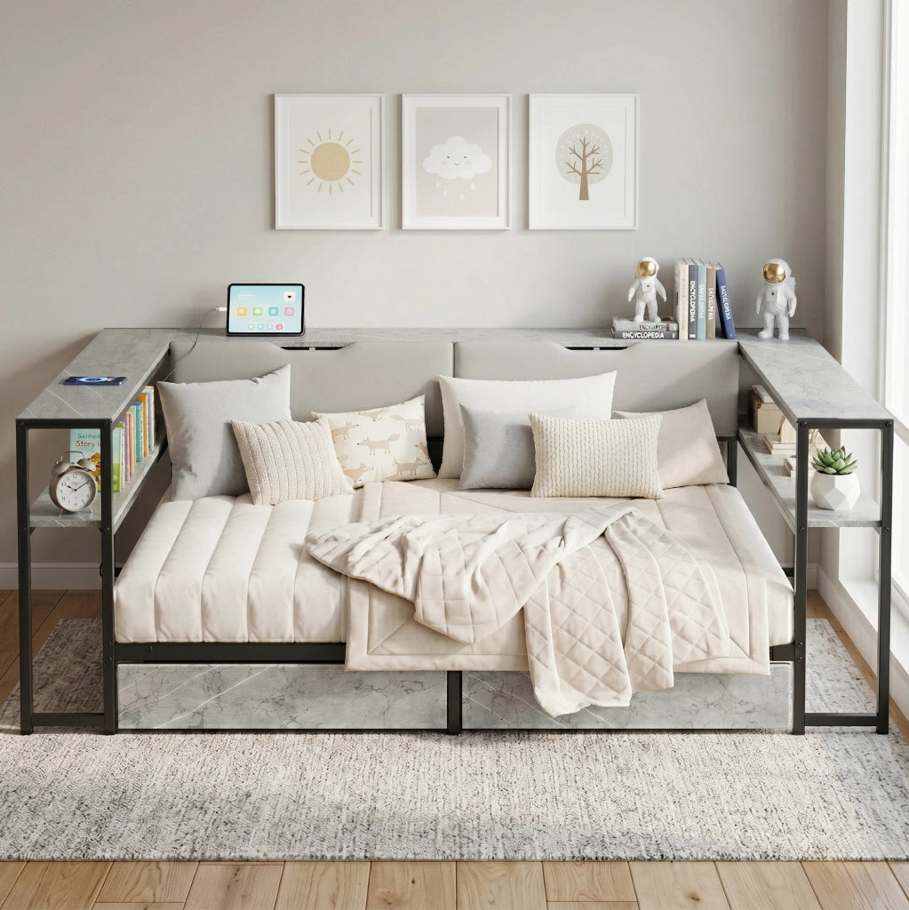 Letto imbottito 140x200 con USB, Type-C, 2 cassetti e vani contenitivi