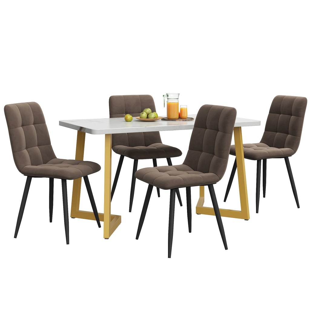 Tavolo da pranzo per 4 persone con 4 sedie in velluto piano effetto marmo in MDF e metallo moderno per cucina marrone