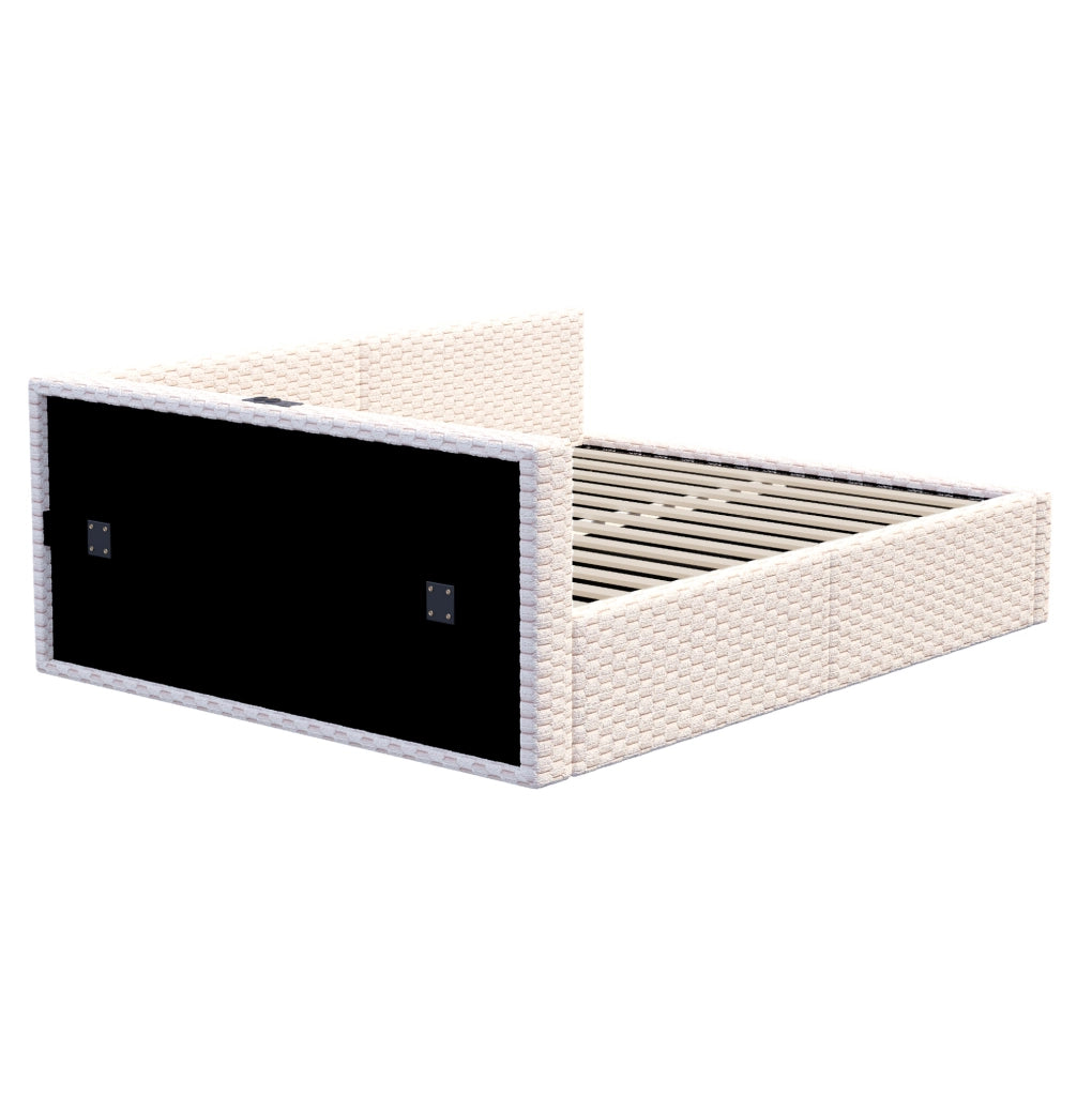 Letto imbottito multifunzione 140 x 200 cm con LED, porte USB e vano contenitore, beige