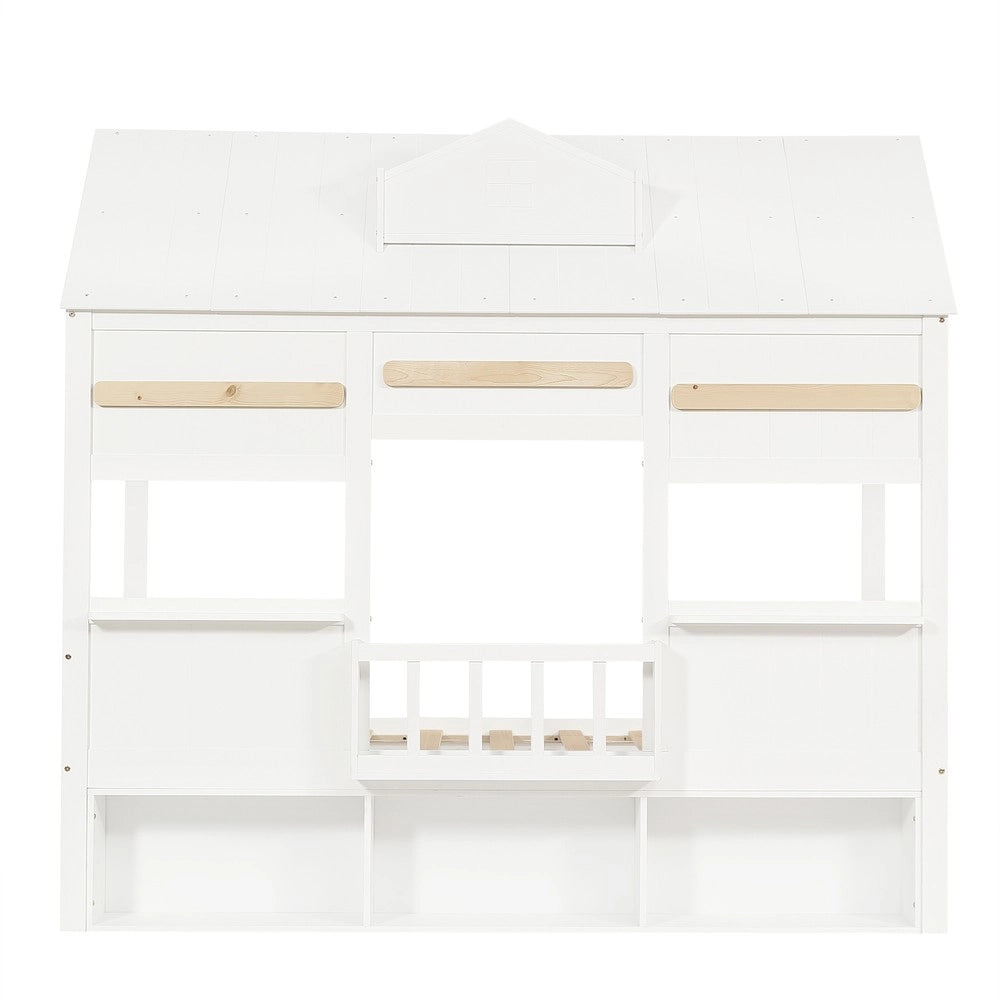 Letto a Soppalco per Bambini a Forma di Casa con Libreria ¨C Xylo ¨C Pino, Bianco, 90x200
