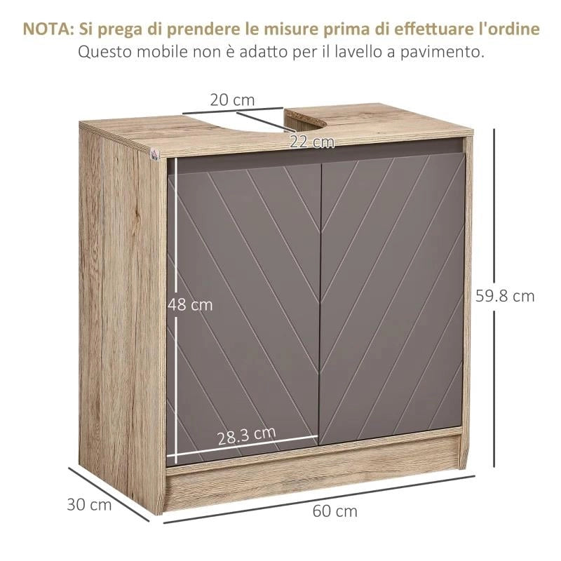 ARMADIETTO SOTTOLAVABO CON 2 ANTE E 2 MENSOLE REGOLABILI 60X30X60 CM GRIGIO