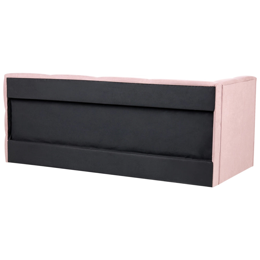Divano letto imbottita in tessuto rosa lato sinistro 90x200 cm con pouf contenitore a forma di L
