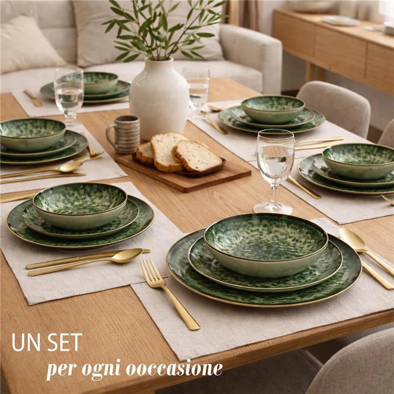 MA MAISON SERVIZIO PIATTI 18 PEZZI STILE ASTRATTO VERDE 6 FONDI - 6 PANI - 6 DA DESSERT PER LAVASTOVIGLIE E MICROONDE 6 PERSONE