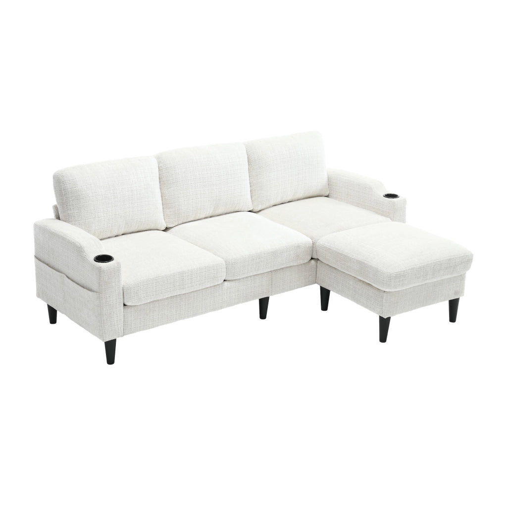 Divano Dritto 4 Posti con Pouf Contenitore; Portabicchieri e Tasche Laterali; Struttura Metallo Legno in Chenille Beige