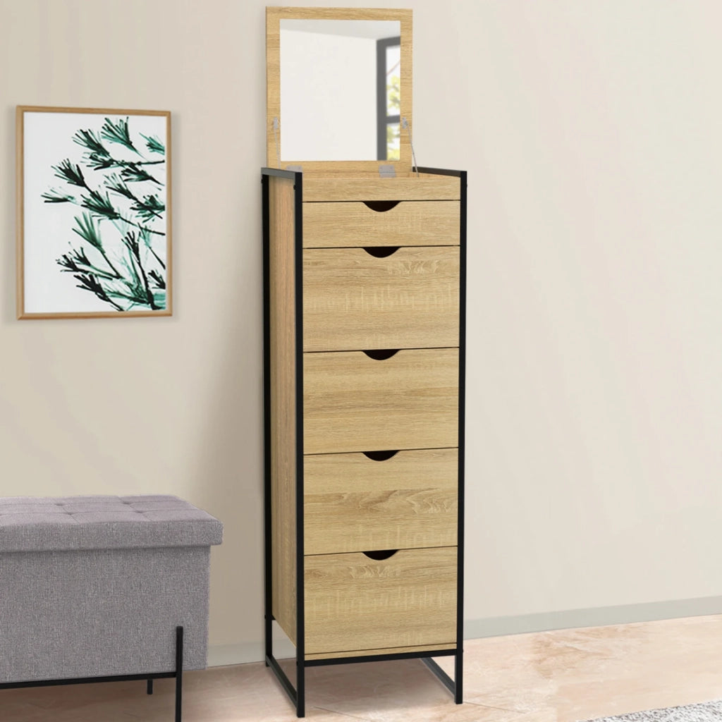 IDMarket - DETROIT Cómoda 5 cajones + 1 espejo 40 cm mueble recibidor de diseño industrial