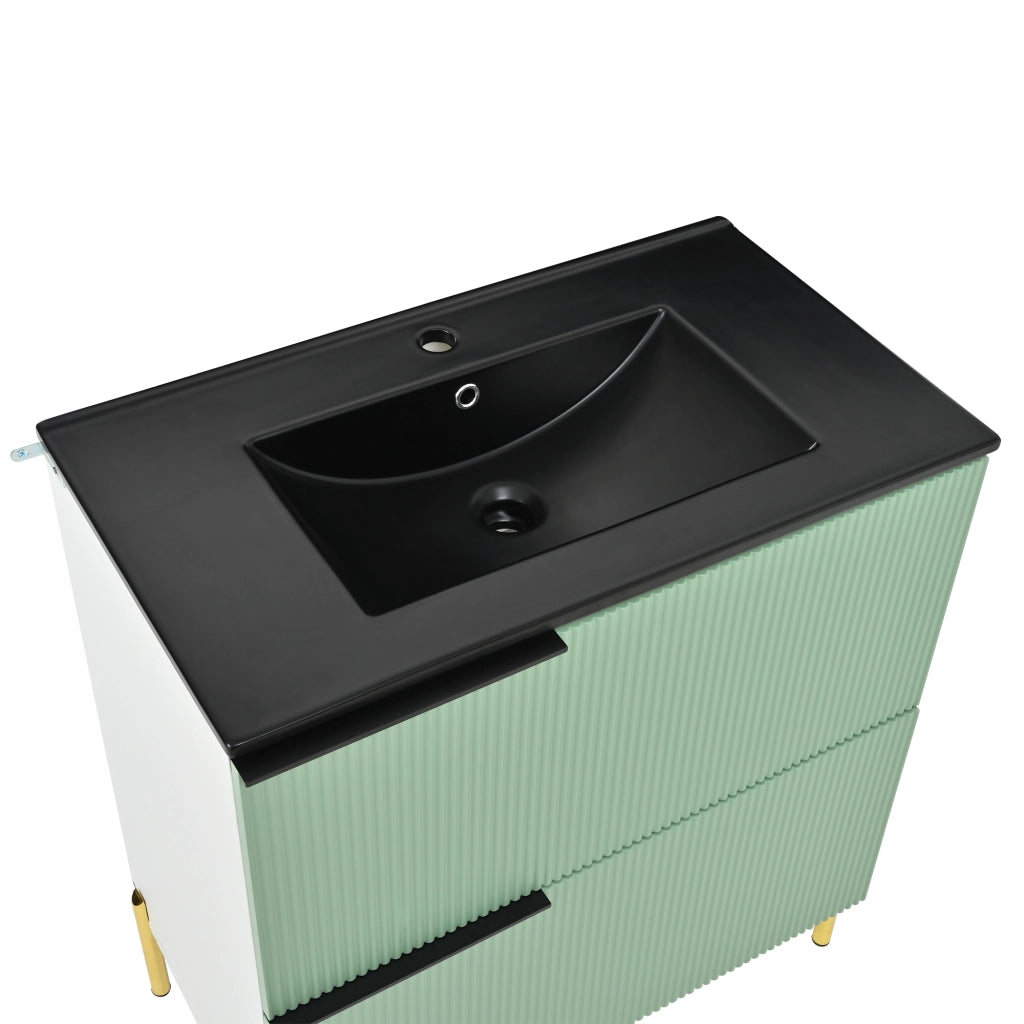 Mobile sottolavabo da bagno con lavabo in ceramica, 2 cassetti, in MDF, verde, con maniglie e piedini in metallo