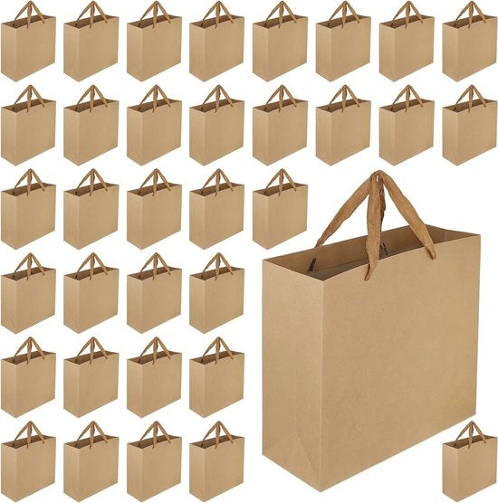 40 sacchetti di carta marroni con maniglioni per matrimonio, festa e shopping, 32 x 11,5 x 28 cm, materiale di imballaggio sostenibile e stile