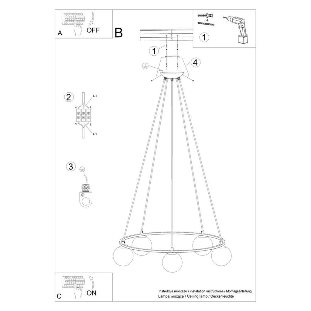 Lampada da soffitto moderna in acciaio e vetro nero YOLI a 5 luci French Sky, 80 cm