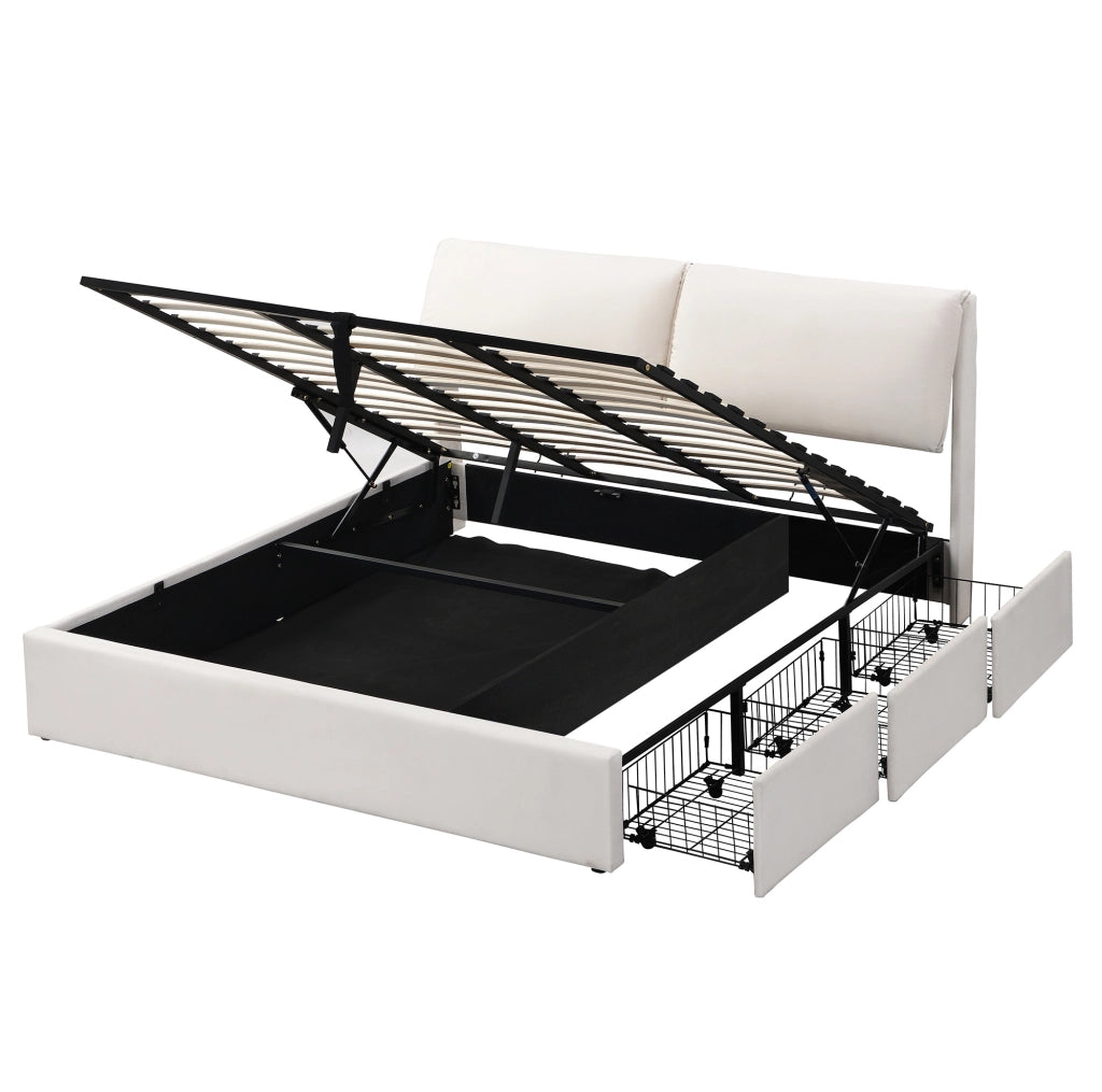 Letto imbottito 160x200 cm con vano contenitore idraulico; 3 cassetti e rete a doghe; velluto beige