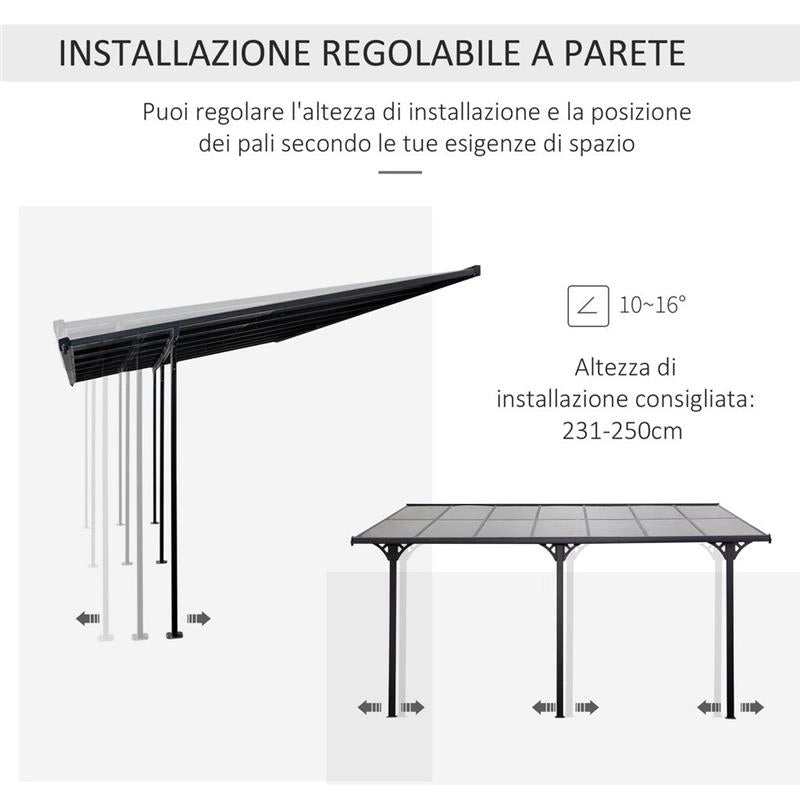 PERGOLA ADDOSSATA DA GIARDINO IN POLICARBONATO E ALLUMINIO, INSTALLAZIONE REGOLABILE, GRIGIO