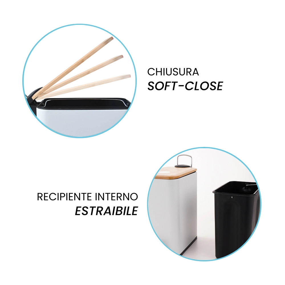 Pattumiera bagno 5 Lt in acciaio con coperchio in bambù bianca con apertura a pedale Rexa