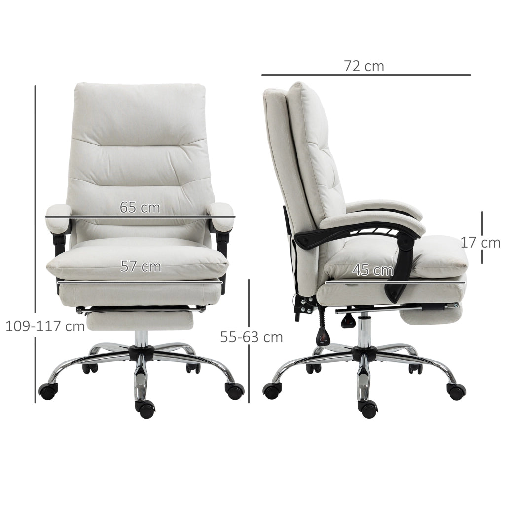 Sedia da ufficio massaggiante schienale reclinabile 135° e poggiapiedi in poliestere bianco crema 65 × 72 × 109-117 cm