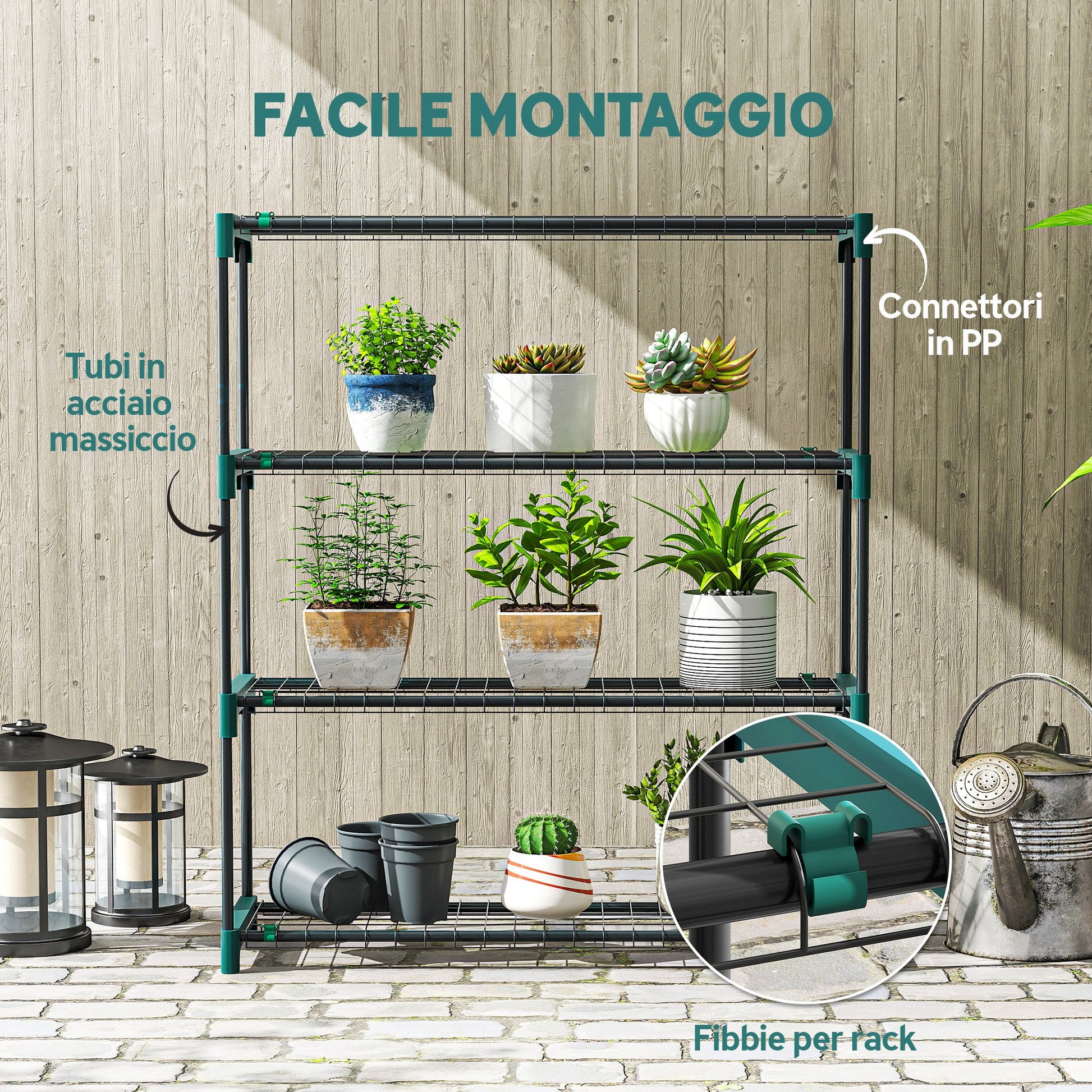 Set di 2 Scaffali per Piante a 4 Livelli 90x28x104 cm con Ganci in Acciaio Verde