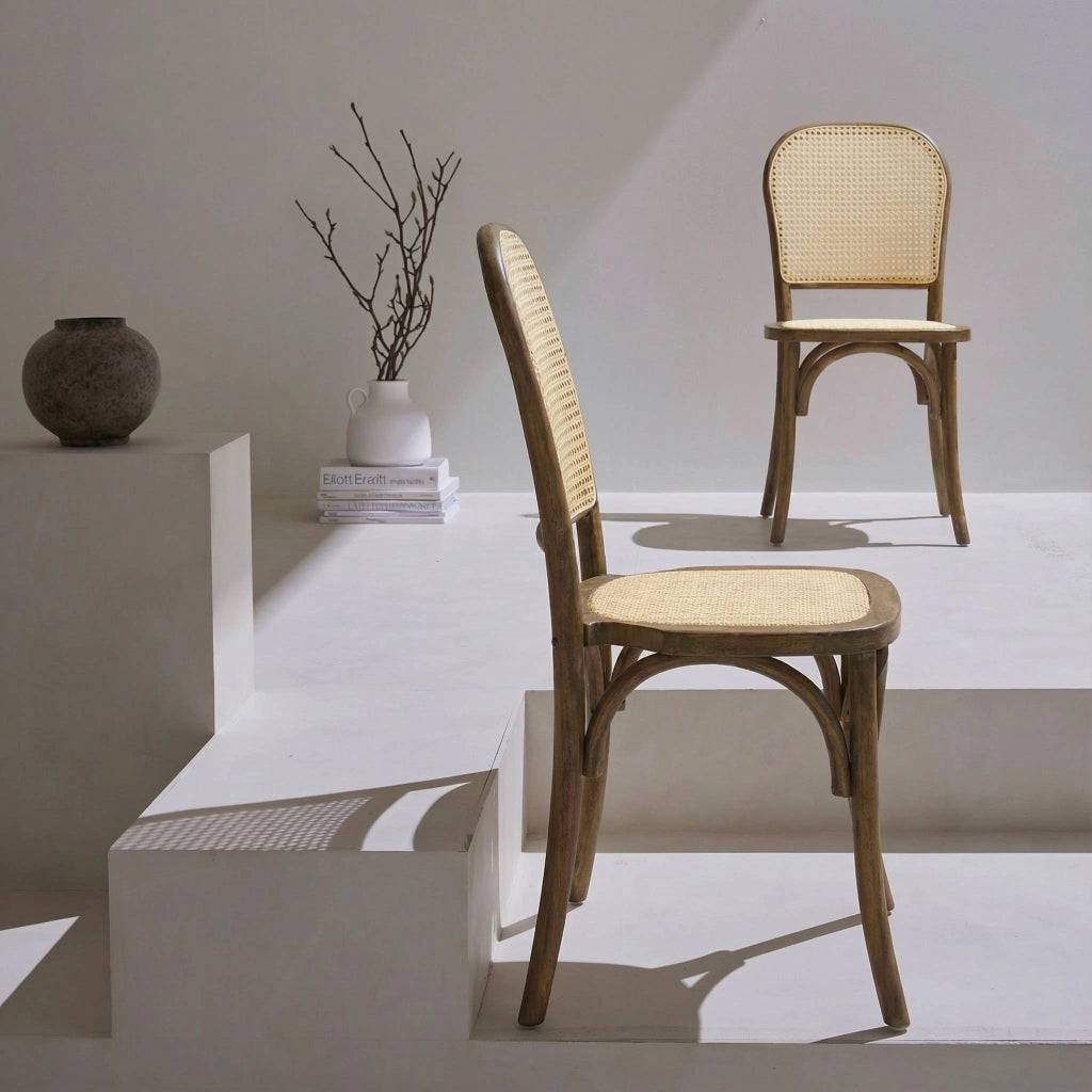 Set di 2 sedie vintage in legno e rattan, marrone