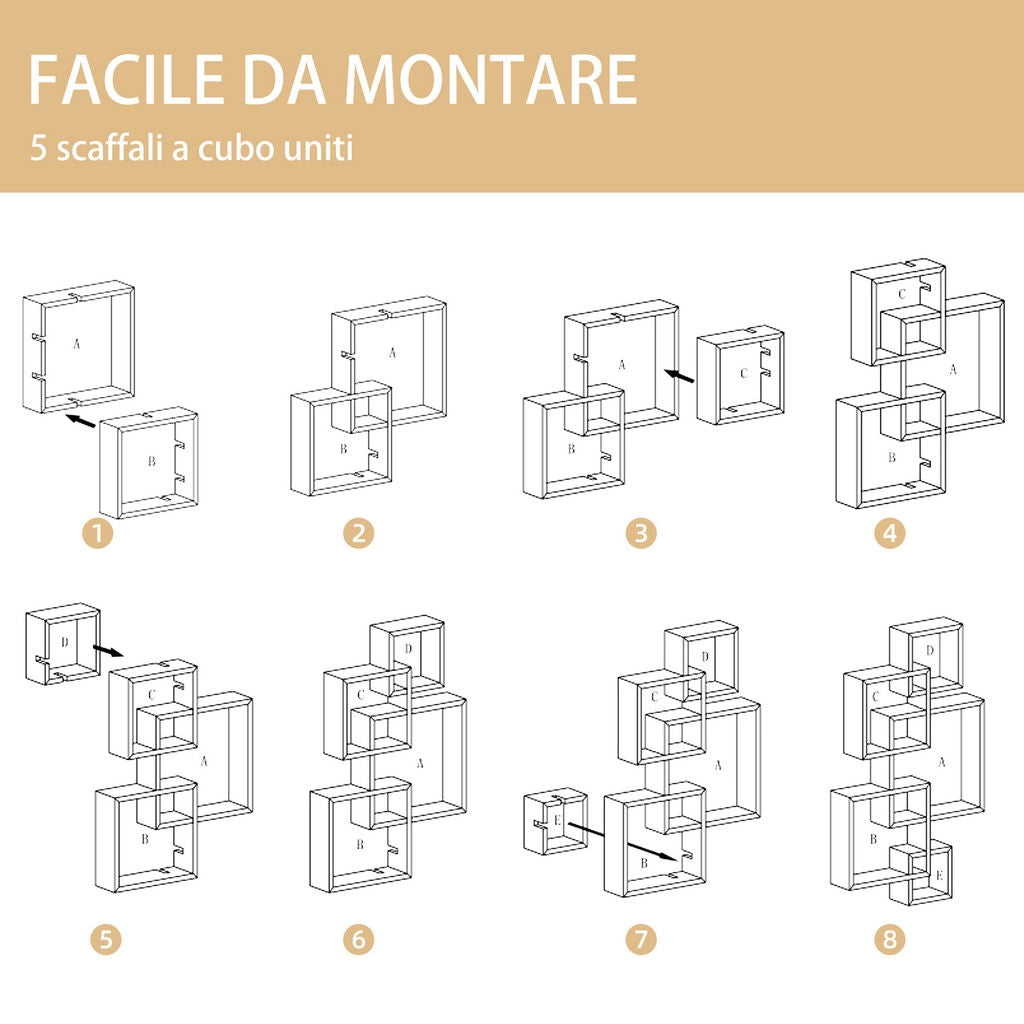 LIBRERIA MODERNA SOSPESA CON 5 CUBI INTRECCIATI IN LEGNO 49.5X10.2X86CM BIANCO