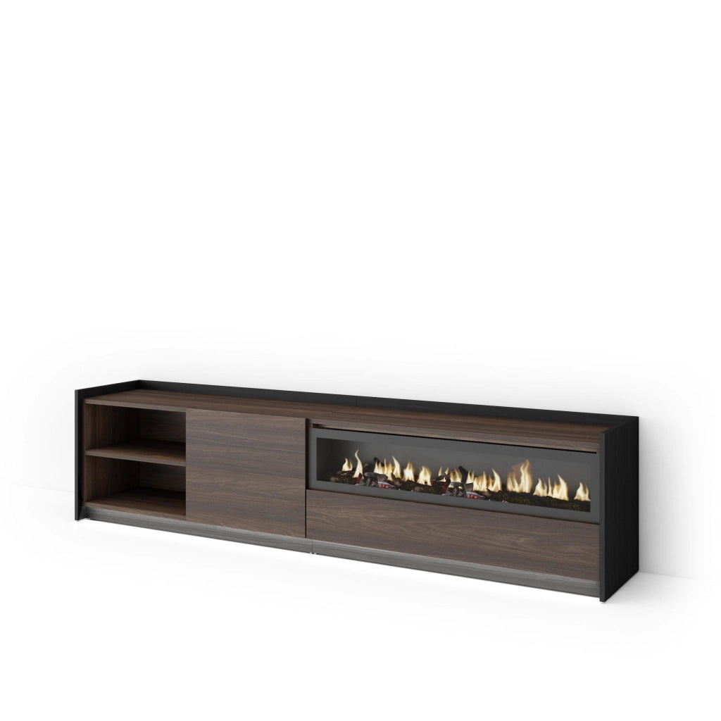 Mobile TV Soggiorno, 207x50x37 cm, Per TV fino a 80", Camino elettrico, LED, Rovere scuro e Nero