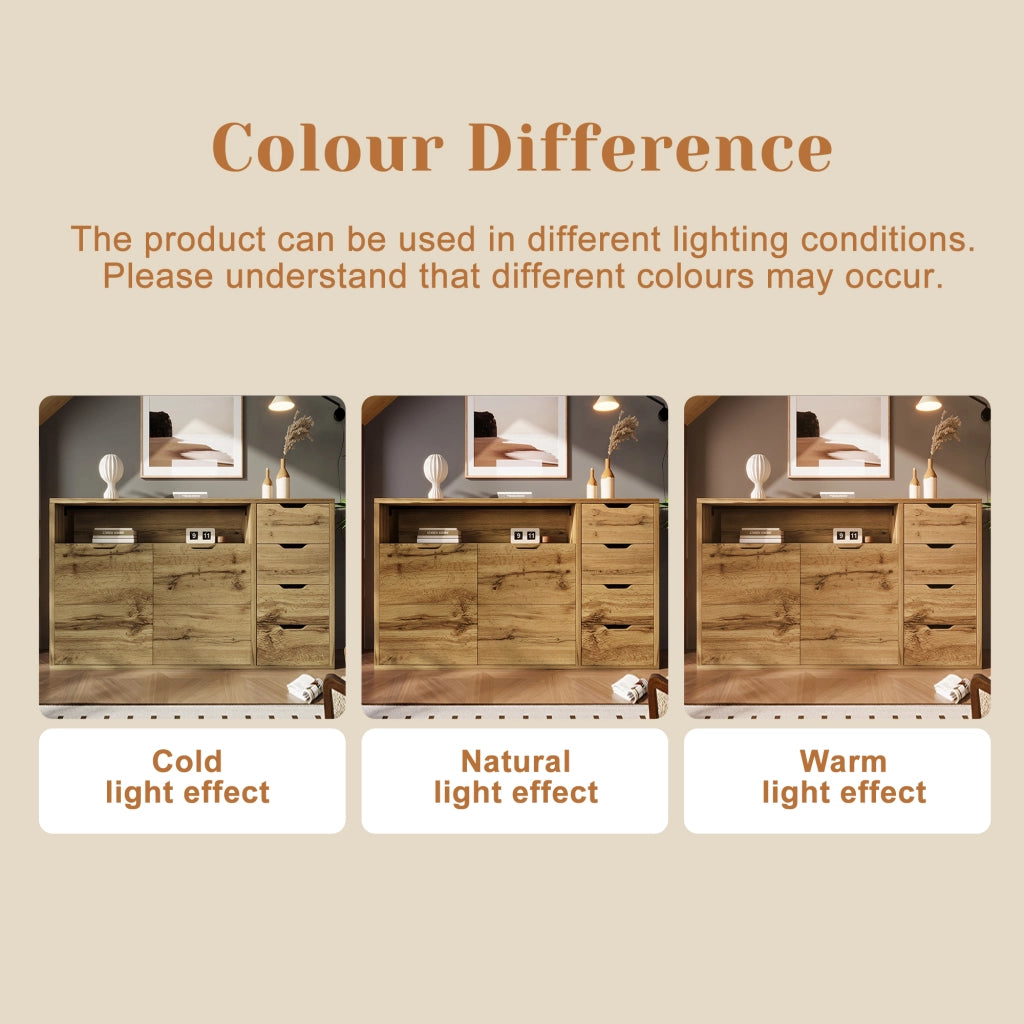 OKWISH Credenza con 2 Ante, 4 Cassetti e 1 Vano Aperto, Ripiani Regolabili, per Soggiorno 150 x 40 x 90 cm