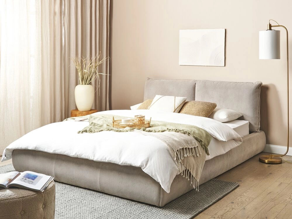 Letto matrimoniale velluto a coste tortora con base a doghe e testiera imbottita 160x200 cm stile classico camera da letto