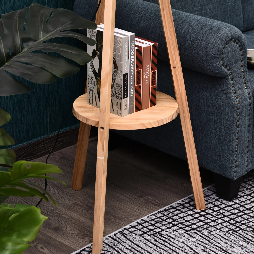 Lampada da Terra Tripode con Scaffale ¨C Minimal ¨C Legno Naturale Tela Beige 50x50x154 cm