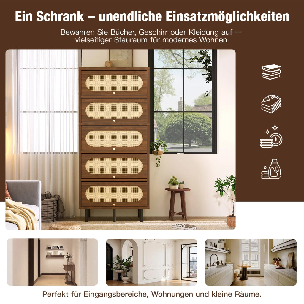 Credenza alta in noce con rattan, 5 ante ribaltabili e vani contenitore, per soggiorno e cucina, 80 × 40 × 163 cm