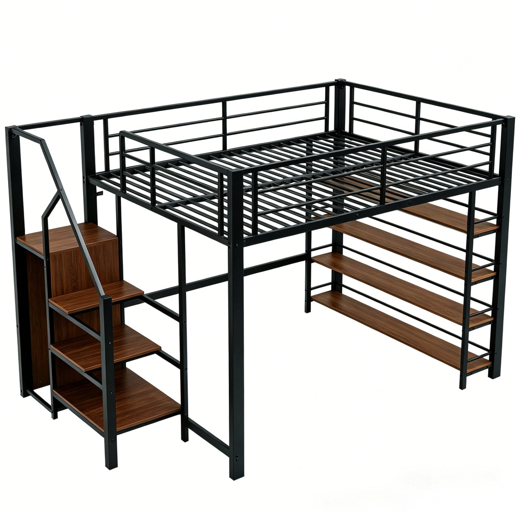 LETTO a soppalco 140x200 cm in metallo nero con scala contenitore e armadietto