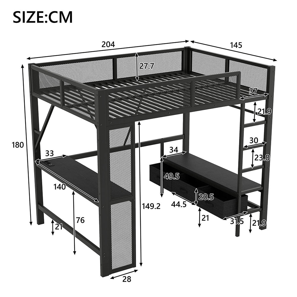Letto mezzanino 140x200cm - Xylo - USB LED scrivania 3 cassetti nero