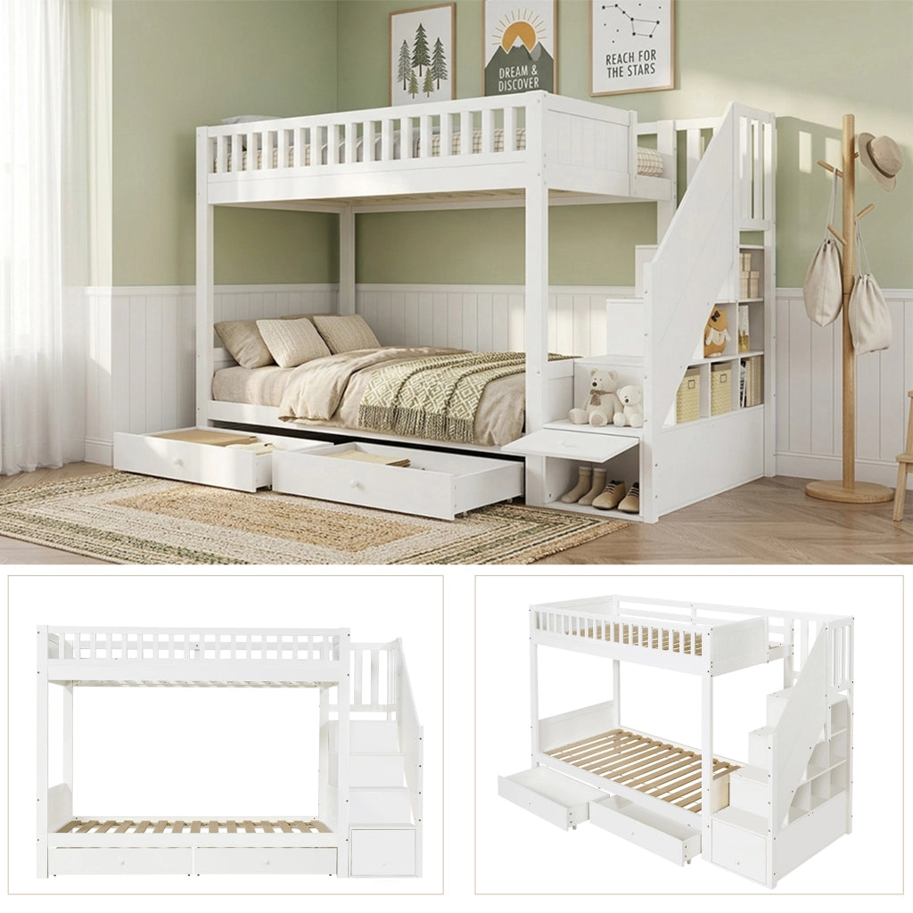Letto a castello per bambini 90 × 200 cm con scala contenitore e 2 cassetti, senza materasso, in legno, bianco