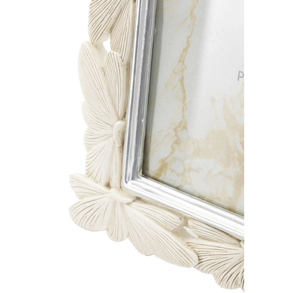 Cornice portafoto Butterfly in resina crema con farfalle e profili argento 15x20