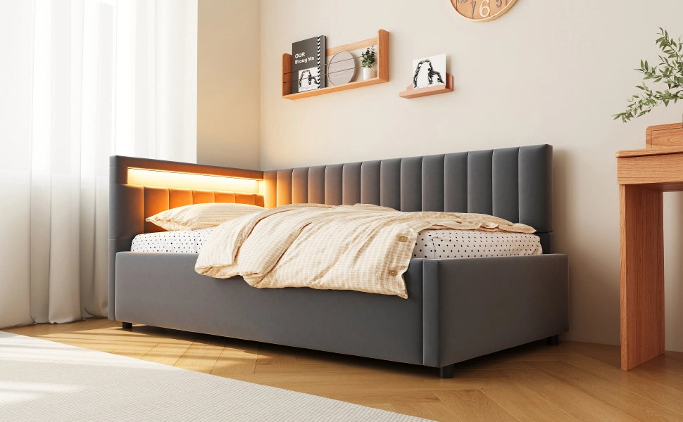 Divano letto imbottito in velluto con LED; contenitore idraulico e testiera reversibile; grigio; 90x200 cm; senza materasso