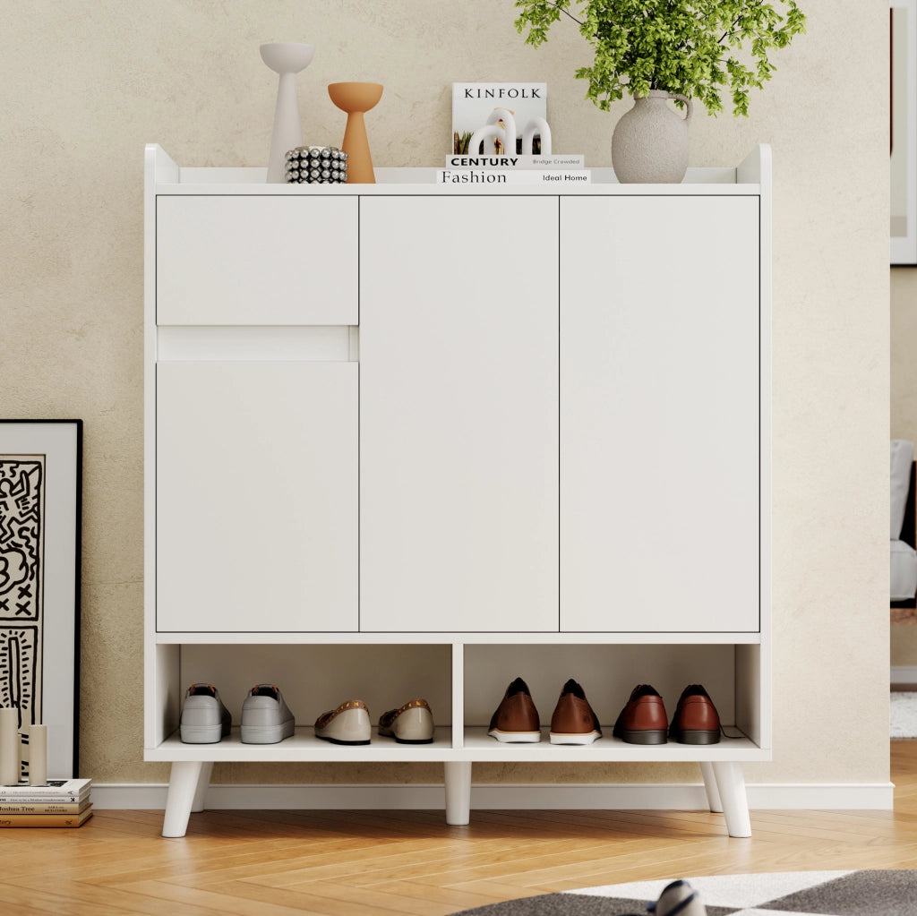 Scarpiera 90x35x99 cm con ripiani regolabili e vani aperti; pannello truciolare bianco