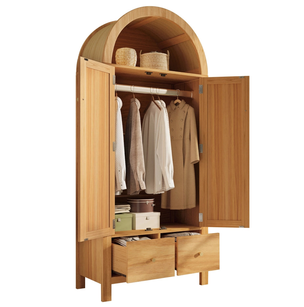Armadio guardaroba 181x78x45 cm in MDF e metallo; colore eucalipto; con 2 cassetti e asta appendiabiti