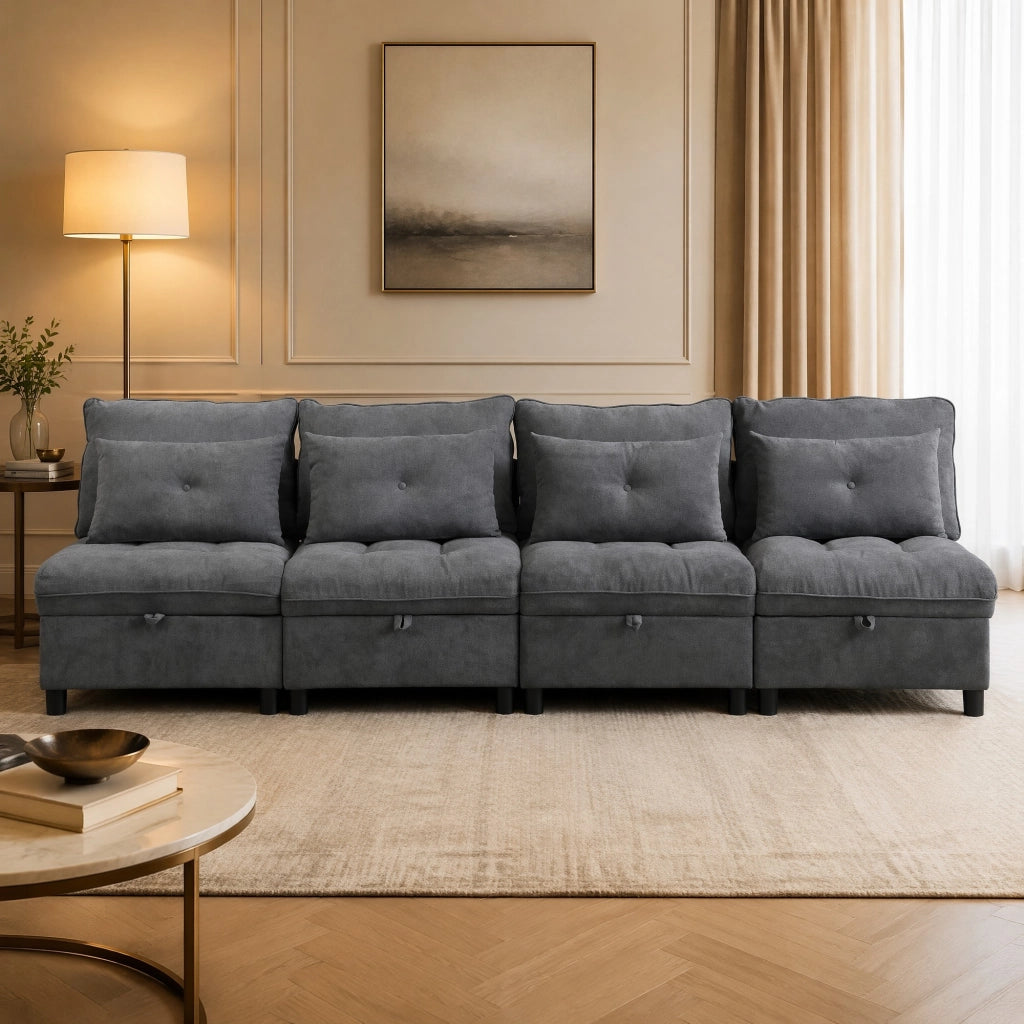 Divano modulare 4 posti con contenitore e funzione letto; 274x76x87 cm; chenille grigio antico