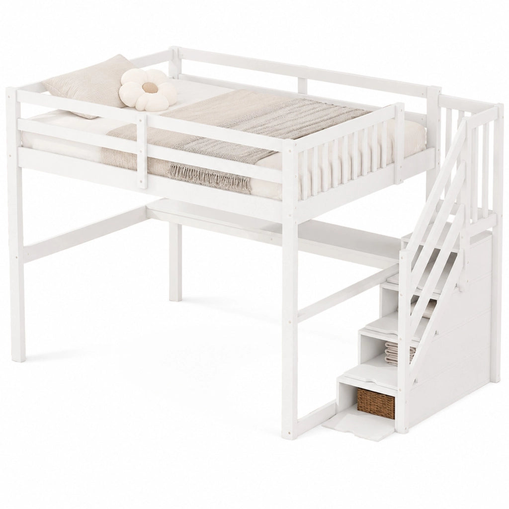 Hochbett 140x200 cm in legno di pino con scrivania e cassetti contenitore, bianco