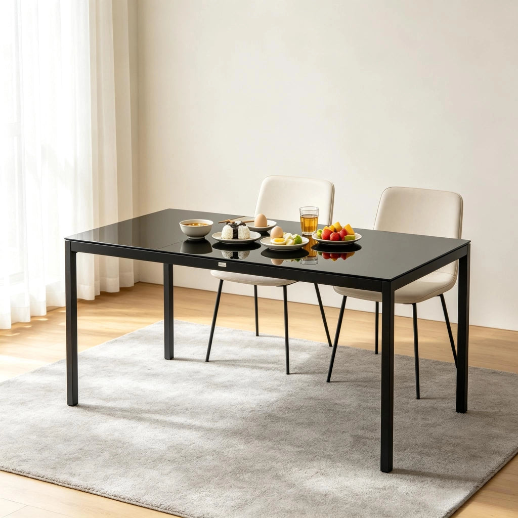 Tavolo da pranzo da esterno con piano in vetro temperato, piedini regolabili, in alluminio nero, 180 × 80 × 72 cm
